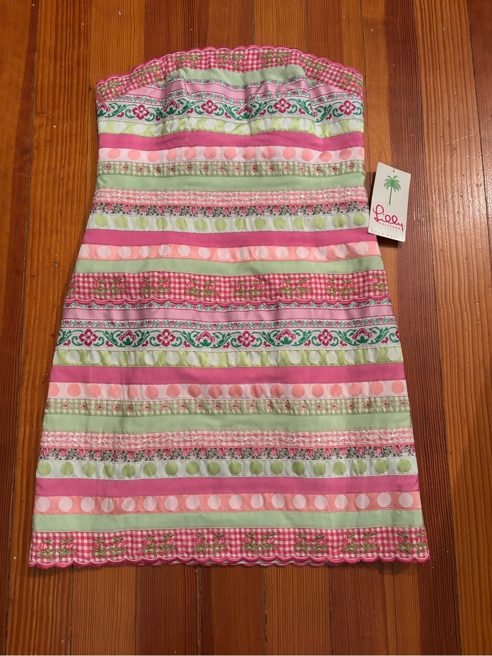 Lilly Pulitzer Pink & Light Green Ribbon Striped Strapless Flirty Dress NWT